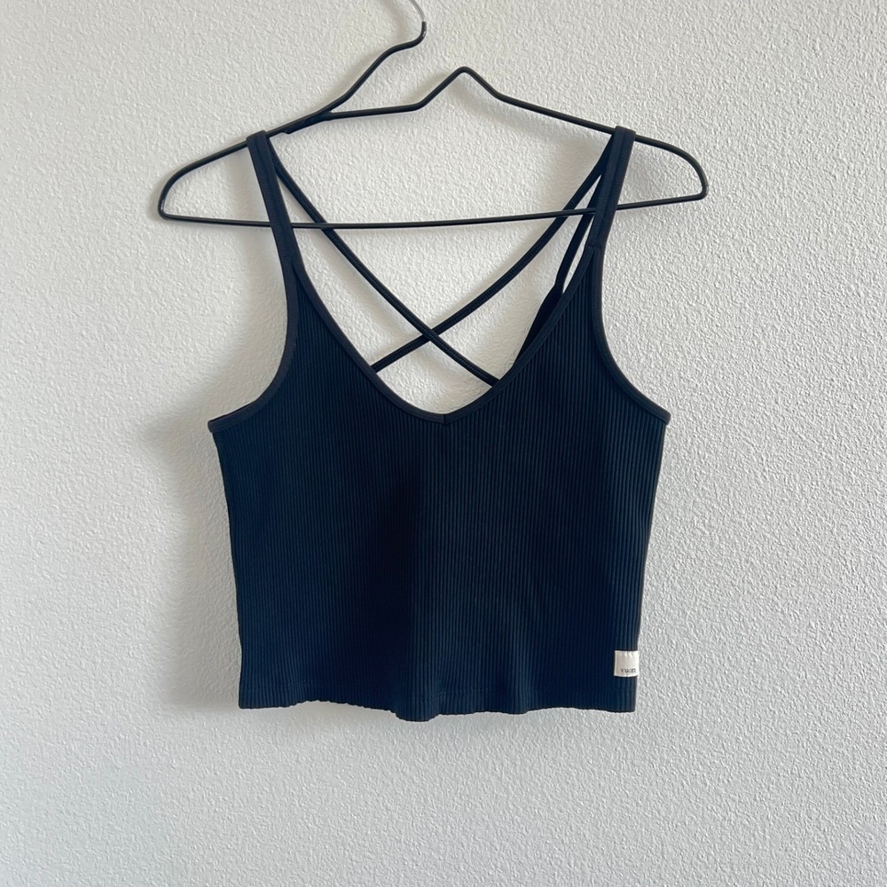 Vuori Black Mindset Tank Athleisure Ribbed Strappy Crisscross Crop Top S Luxury